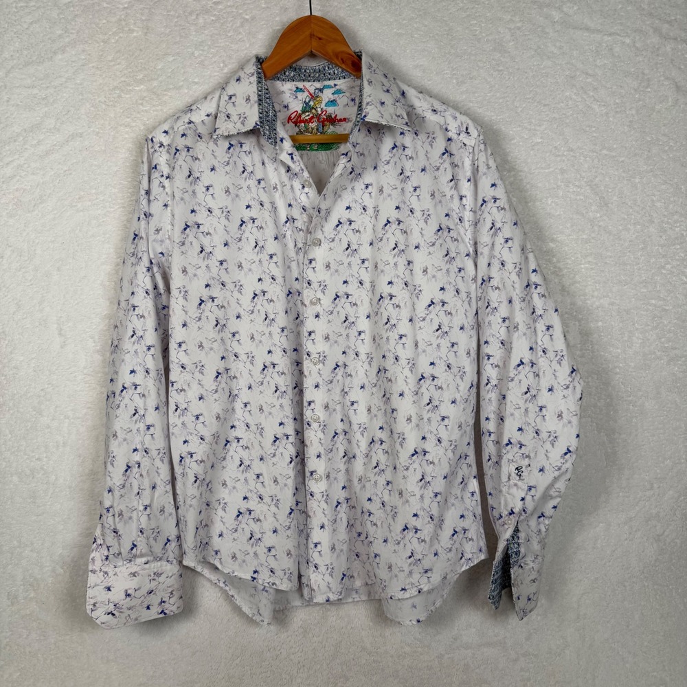 Robert Graham Button Down Shirt Mens XL White  Blue Purple Floral Long Sleeve